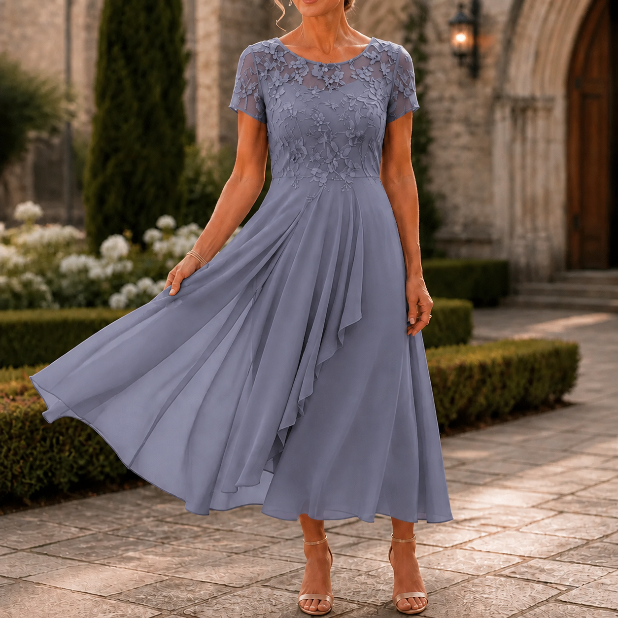 Elegant Lace Midi Dress for Women with Round Neck Short Sleeve Ruffle Hem Fall Wedding Guest Style