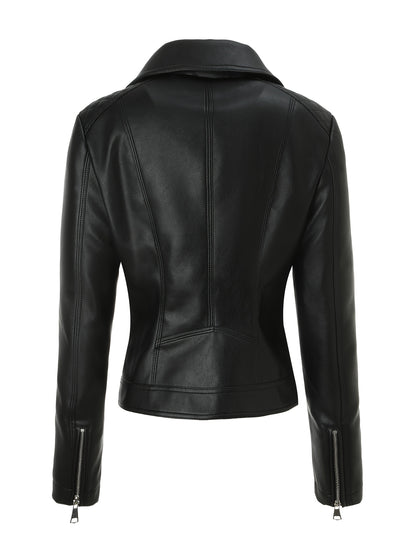 Elegant Leather Moto Jacket for Women with Notch Lapel Asymmetric Zip Front Fitted Style