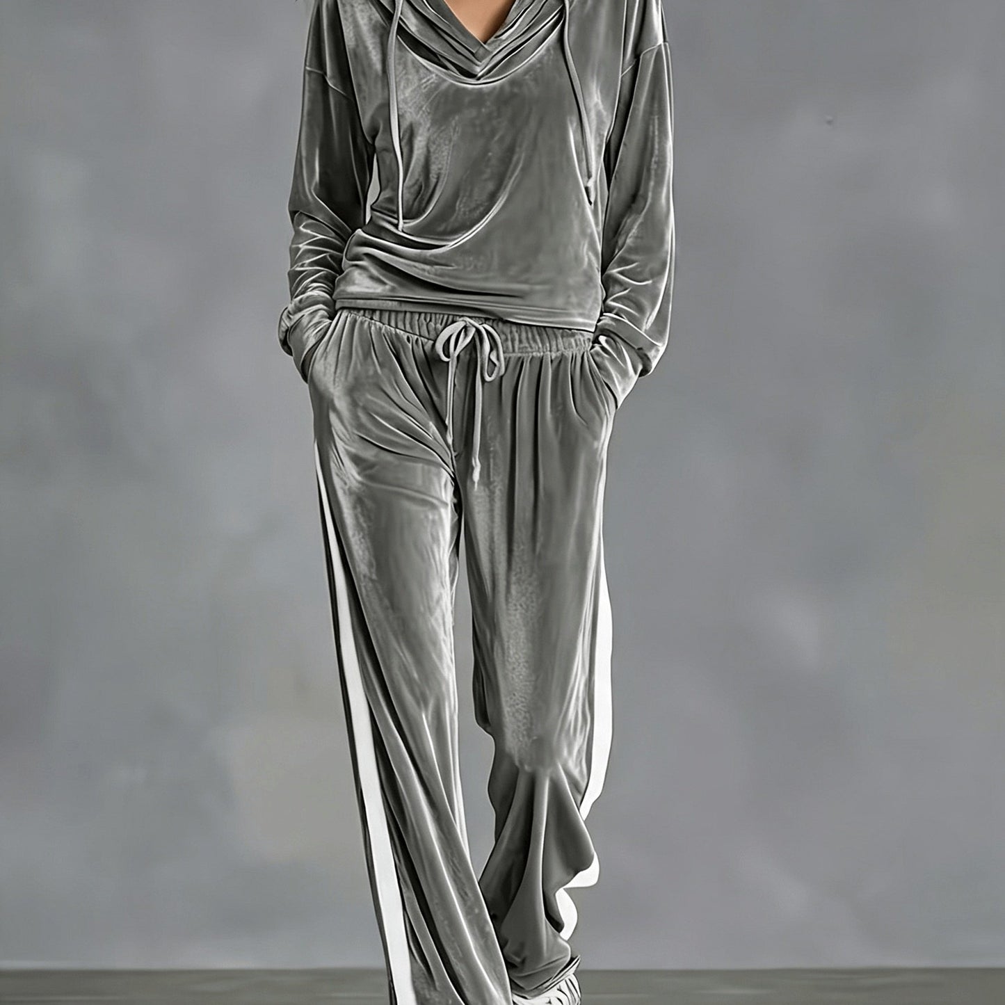 Cozy Velvet Sweatsuit for Women with Cowl Neck Long Sleeve Drawstring Side Stripe Relaxed Style