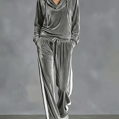 Cozy Velvet Sweatsuit for Women with Cowl Neck Long Sleeve Drawstring Side Stripe Relaxed Style