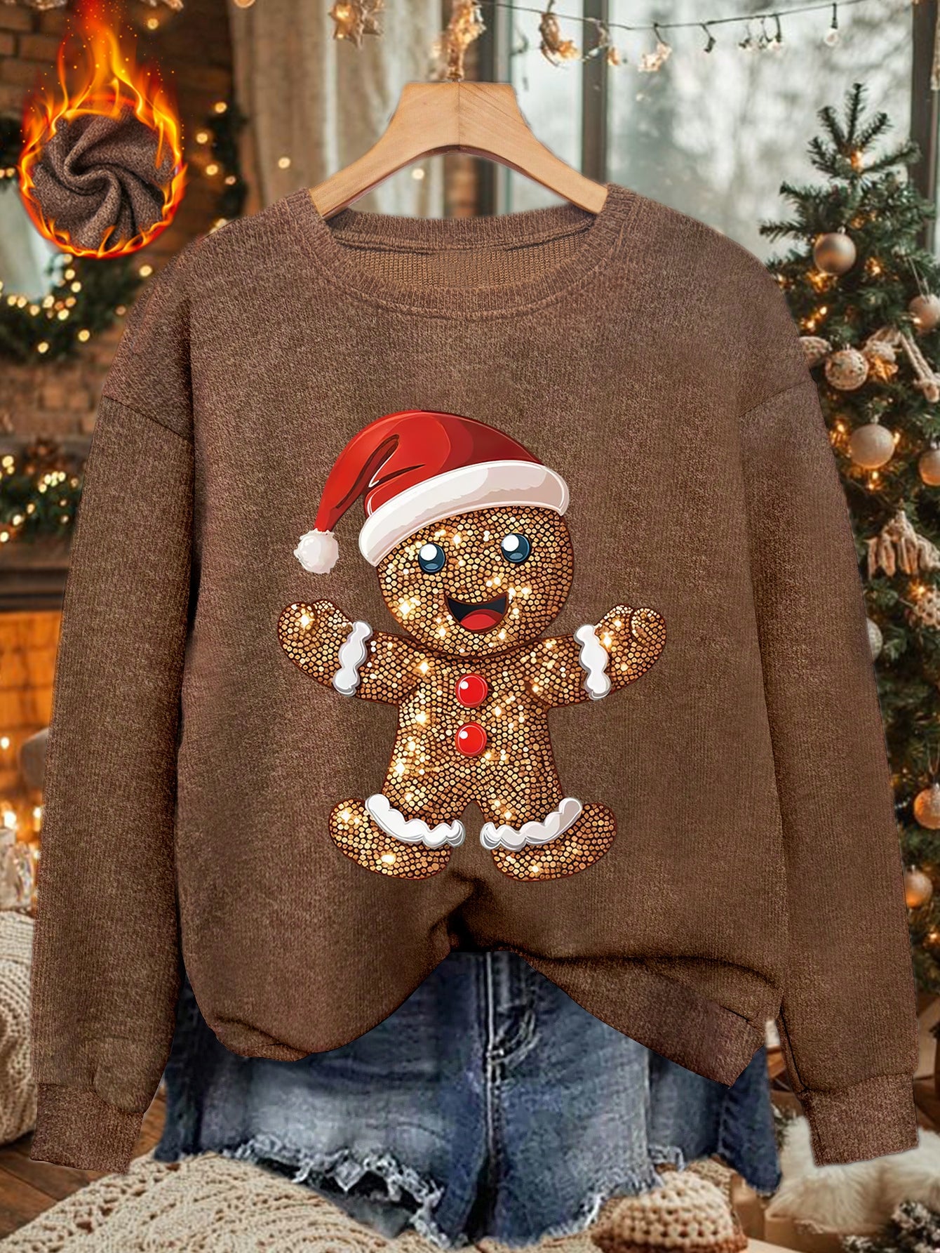 Comfortable Gingerbread Print Christmas Tacky Sweater for Women with Crew Neck Long Sleeve Sequin Graphic Pullover Style