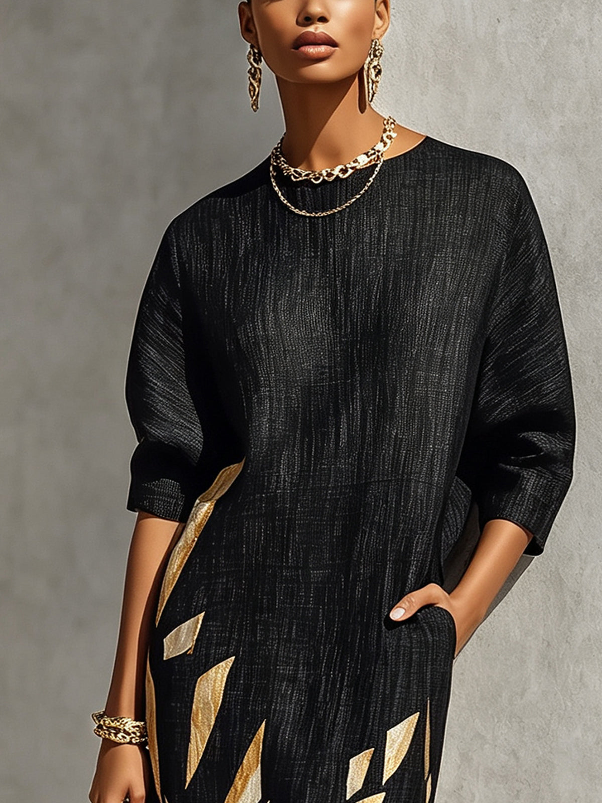 Effortless Black Printed Midi Dress for Women with Round Neck Elbow Sleeve Relaxed Fit