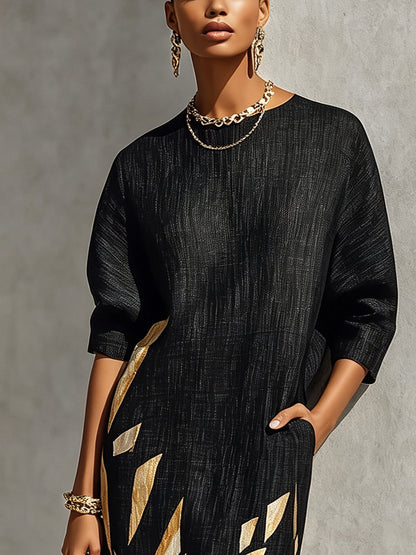 Effortless Black Printed Midi Dress for Women with Round Neck Elbow Sleeve Relaxed Fit