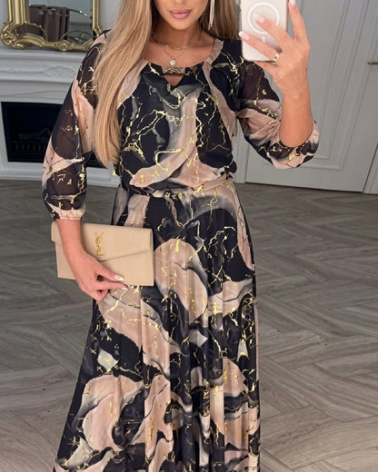 Elegant Black Marble Print Maxi Dress for Women with Split Neck Bell Sleeve Belted Autumn Wedding Guest Style