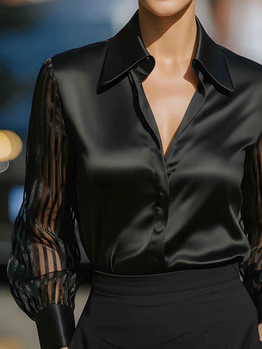 Elegant Satin Blouse for Women with Collared Button Up Sheer Stripe Sleeve Business Casual Style