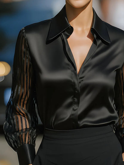 Elegant Satin Blouse for Women with Collared Button Up Sheer Stripe Sleeve Business Casual Style