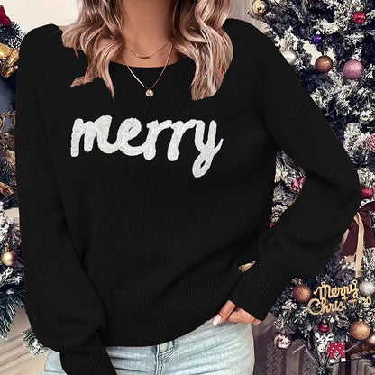 Comfortable Merry Print Sweater for Women with Crew Neck Long Sleeve Ribbed Cuff Oversized Knit Style