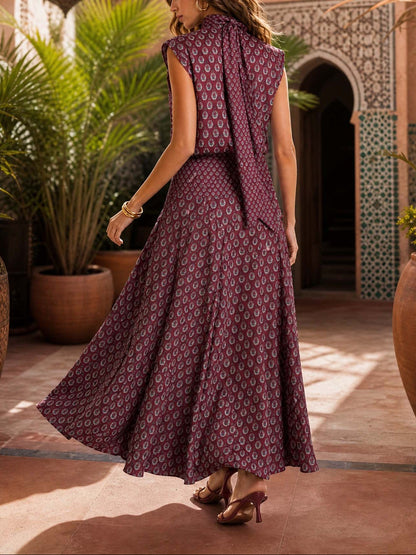 Elegant Purple Retro Print Maxi Dress for Women with Scarf Neck Cap Sleeve Flowing Boho Style