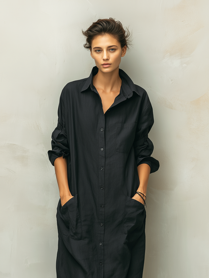 Effortless Black Shirt Dress for Women with Collared Neck Button Front Long Sleeve Linen Casual Maxi Style