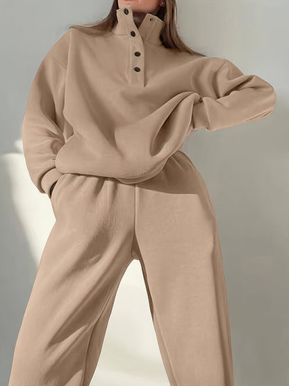 Comfortable Fleece Sweatsuit for Women with Mock Neck Snap Button Long Sleeve Oversized Two Piece Style