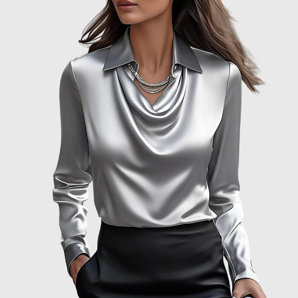Elegant Satin Long Sleeve Shirt for Women with Cowl Neck Collar Relaxed Silky Style