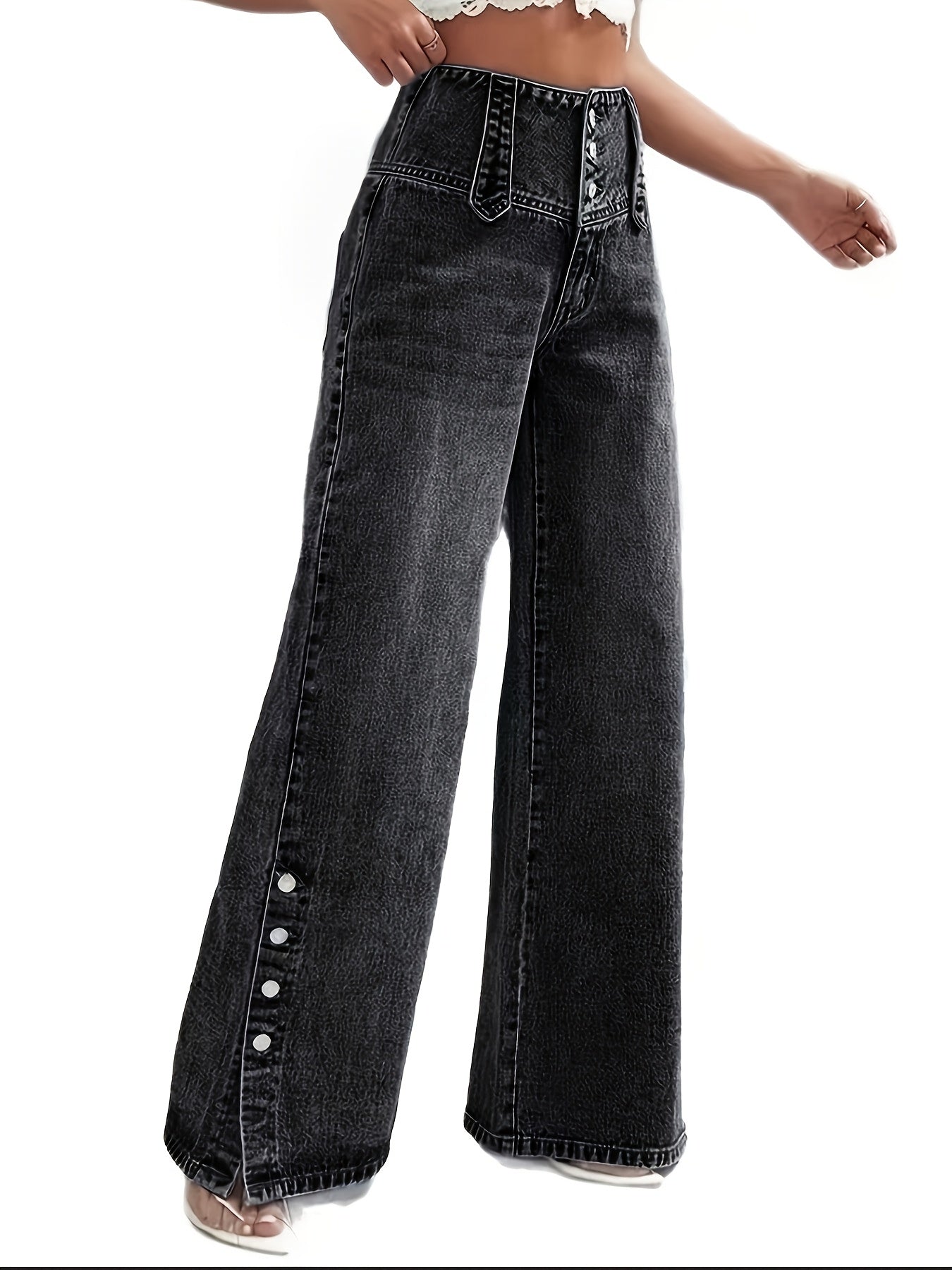 Effortless Black High Waisted Jeans for Women with Button Front Wide Leg Split Hem Style