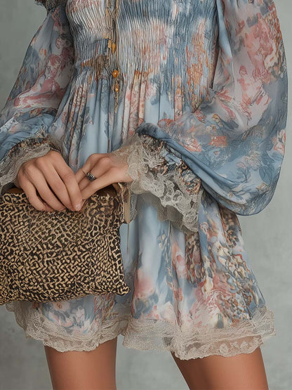 Effortless Blue Floral Mini Dress for Women with Off Shoulder Balloon Sleeve Lace Trim