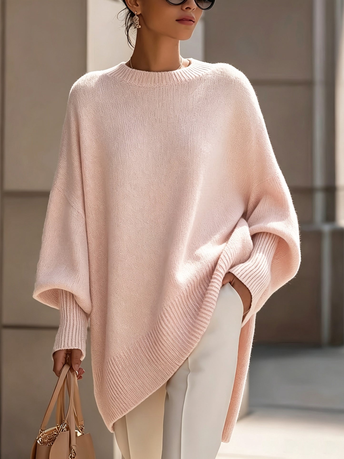 Comfortable Apricot Knit Fall Oversized Sweater for Women with Crew Neck Batwing Sleeve Ribbed Hem Relaxed Style