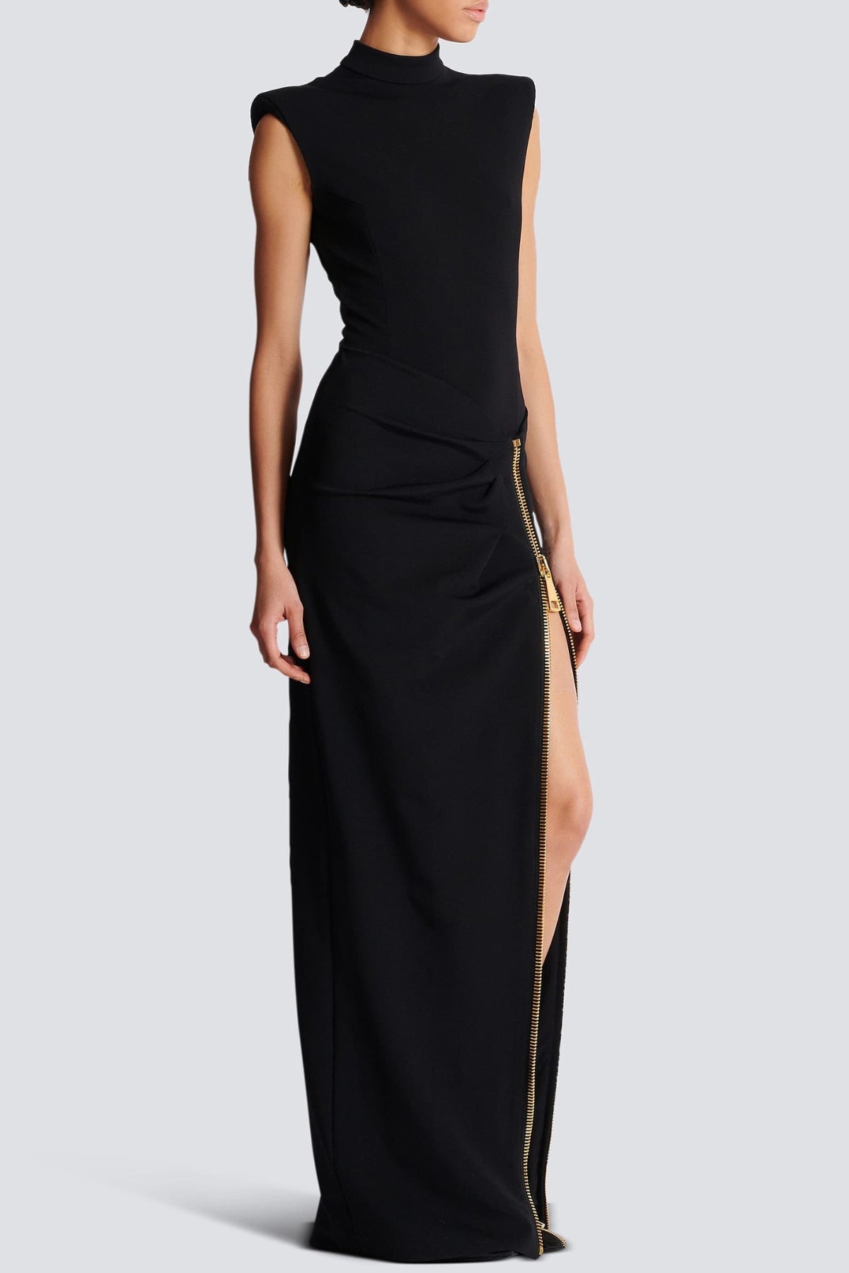 Sleek Black Maxi Dress for Women with Mock Neck Sleeveless Front Slit Bodycon Evening Style