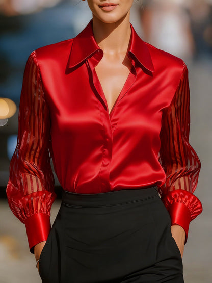 Elegant Satin Blouse for Women with Collared Button Up Sheer Stripe Sleeve Business Casual Style