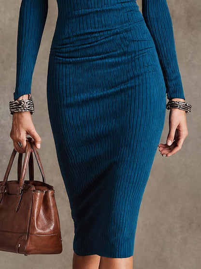 Sleek Teal Bodycon Midi Dress for Women with High Neck Cold Shoulder Cut Out Long Sleeve Party Style
