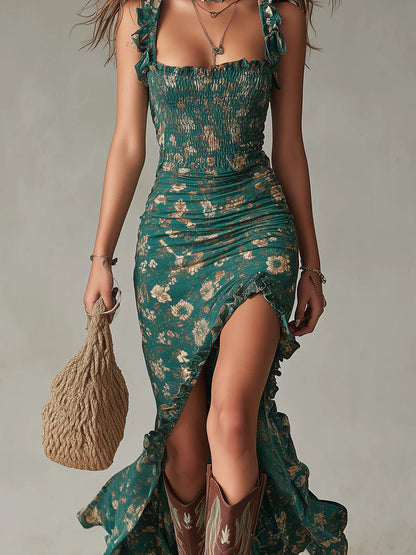 Effortless Green Maxi Dress for Women in Boho Floral Sundress Style