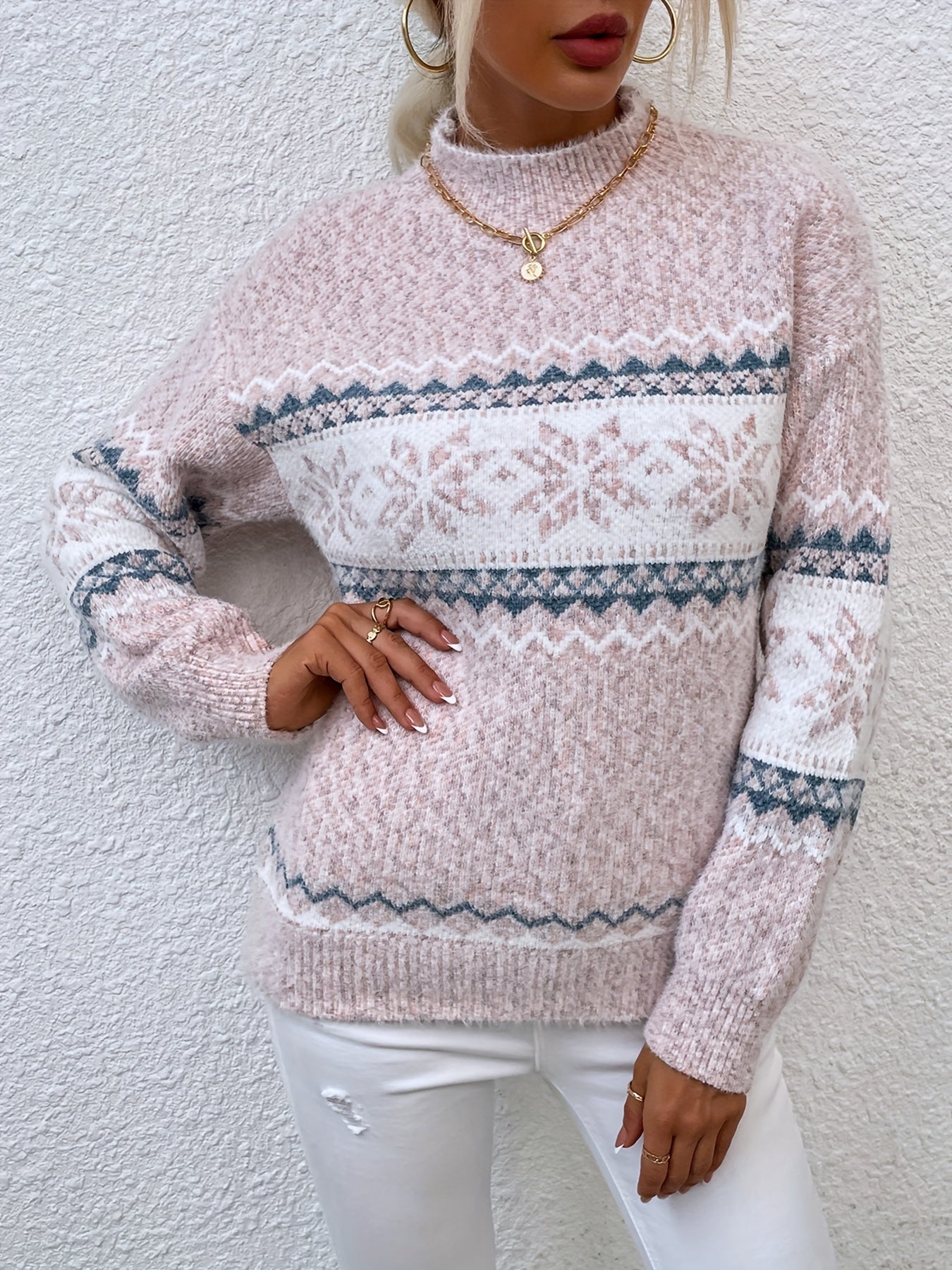 Cozy Women's Christmas Sweater with Mock Neck Long Sleeve Fair Isle Oversized Knit Style