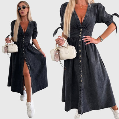 Effortless Denim Midi Dress for Women with V-Neck Button Front Elbow Sleeve Casual Style