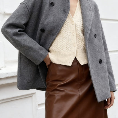 Elegant Wool High Pea Coat for Women with Stand Collar Long Sleeve Double Breasted Cropped Style