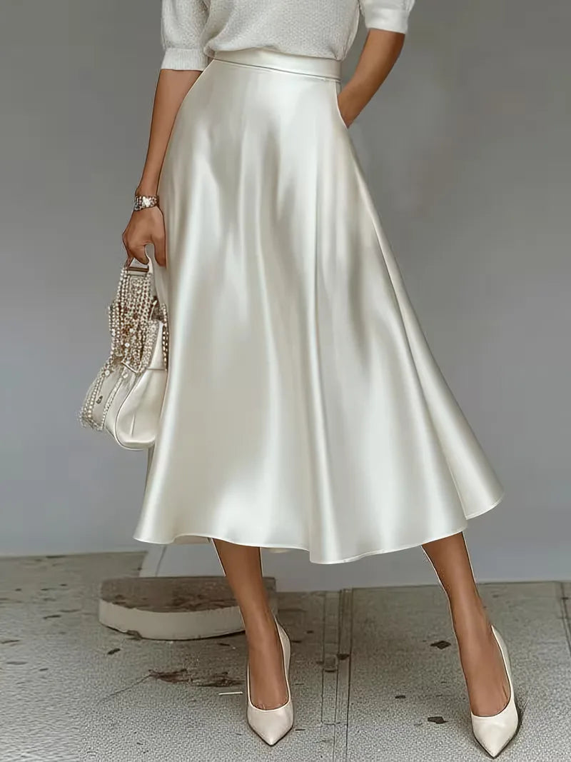 Elegant Satin Midi Skirt for Women with High Waist A Line Pocket Flowing Style