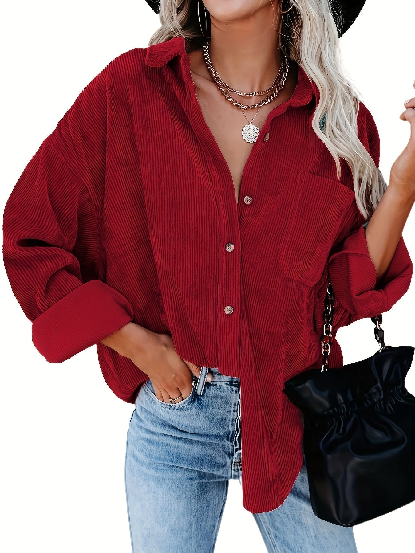 Effortless Corduroy Long Sleeve Shirt for Women with Collar Button Front Oversized Relaxed Casual Style