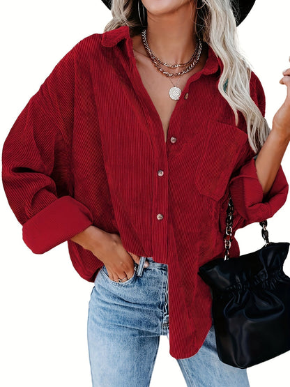 Effortless Corduroy Long Sleeve Shirt for Women with Collar Button Front Oversized Relaxed Casual Style