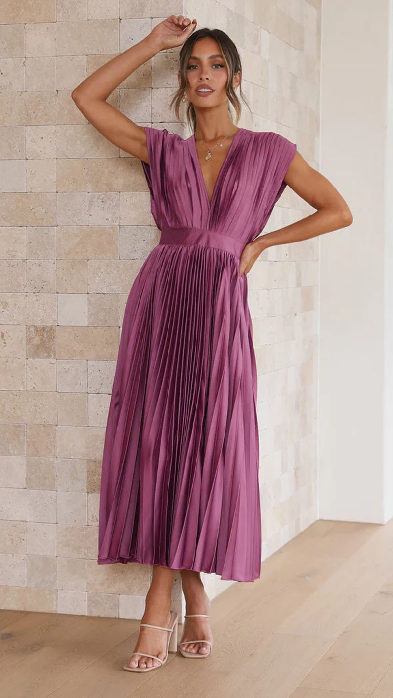 Elegant Pleated Midi Dress for Women with Deep V Neck Formal Wedding Guest Style