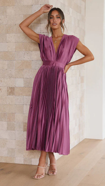 Elegant Pleated Midi Dress for Women with Deep V Neck Formal Wedding Guest Style