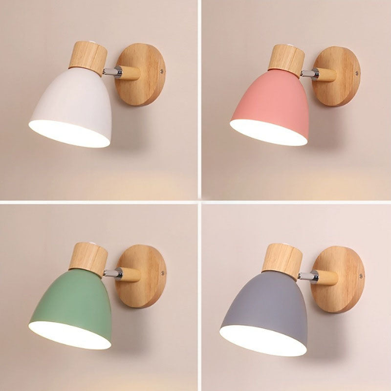 Macaron Wall Lamp Wood Metal Adjustable Shade Pull-Chain Nordic Bedside Sconce Wall Light