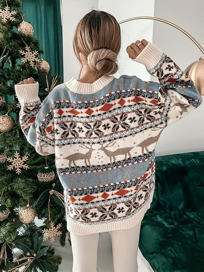 Comfortable White Reindeer Fair Isle Women's Christmas Sweater with Crew Neck Long Sleeve Oversized Knit Style