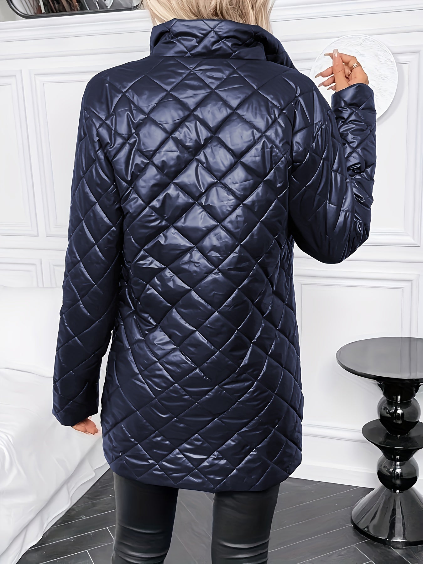 Elegant Coffee Brown Quilted Coat for Women with Stand Collar Long Sleeve Zip Front Longline Style