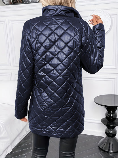 Elegant Coffee Brown Quilted Coat for Women with Stand Collar Long Sleeve Zip Front Longline Style