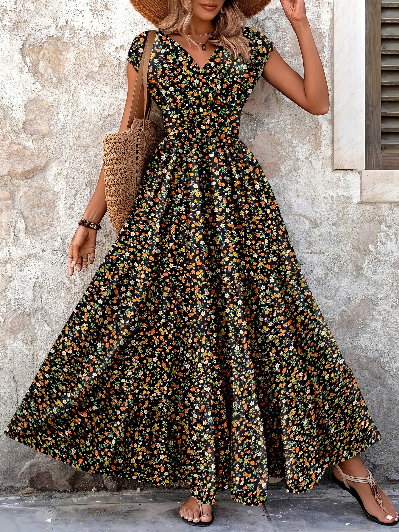 Effortless Floral Boho Dress for Women with V Neck Cap Sleeve Smocked Waist Tiered Flowing Style