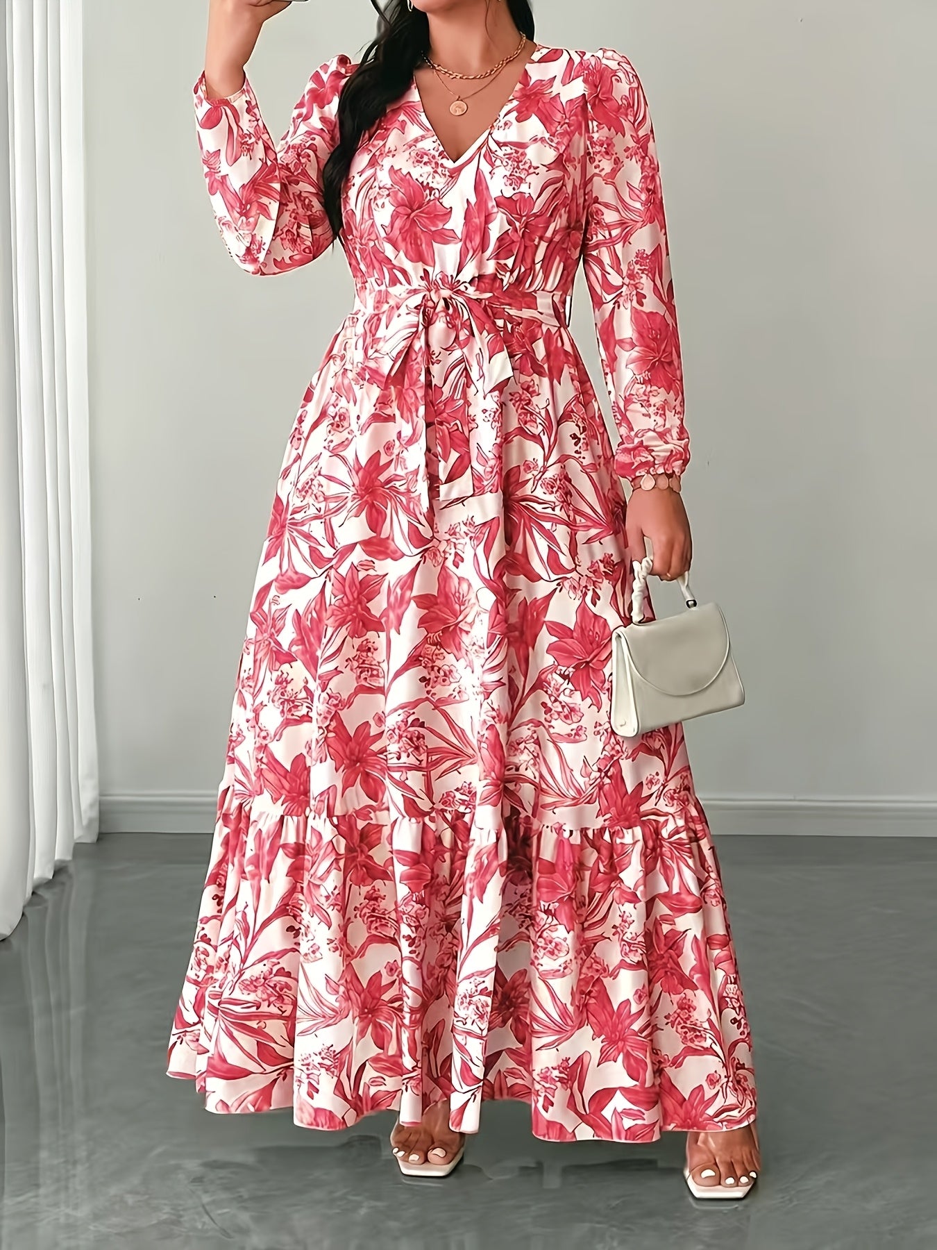 Elegant Floral Long Sleeve Maxi Dress for Women with V Neck Wrap Tie Waist Ruffle Hem Bohemian Style