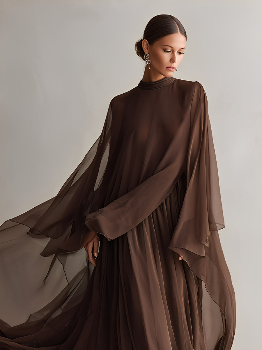 Elegant Brown Maxi Dress for Women with Turtleneck Cape Sleeve Flowing Chiffon Formal Wedding Guest Style