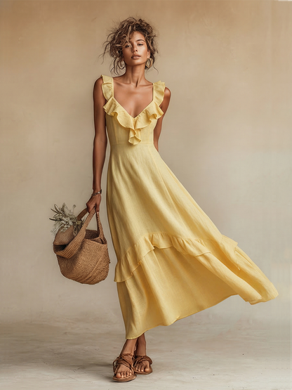 Effortless Yellow Sundress for Women with Ruffle V Neck Tiered Hem Sleeveless Linen Casual Maxi Style