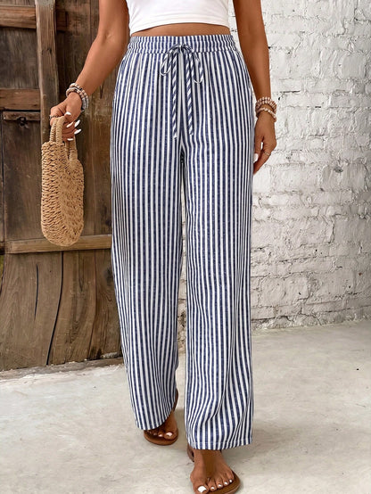 Effortless Striped Linen Wide Leg Pants for Women with High Waist Drawstring Flowing Casual Style