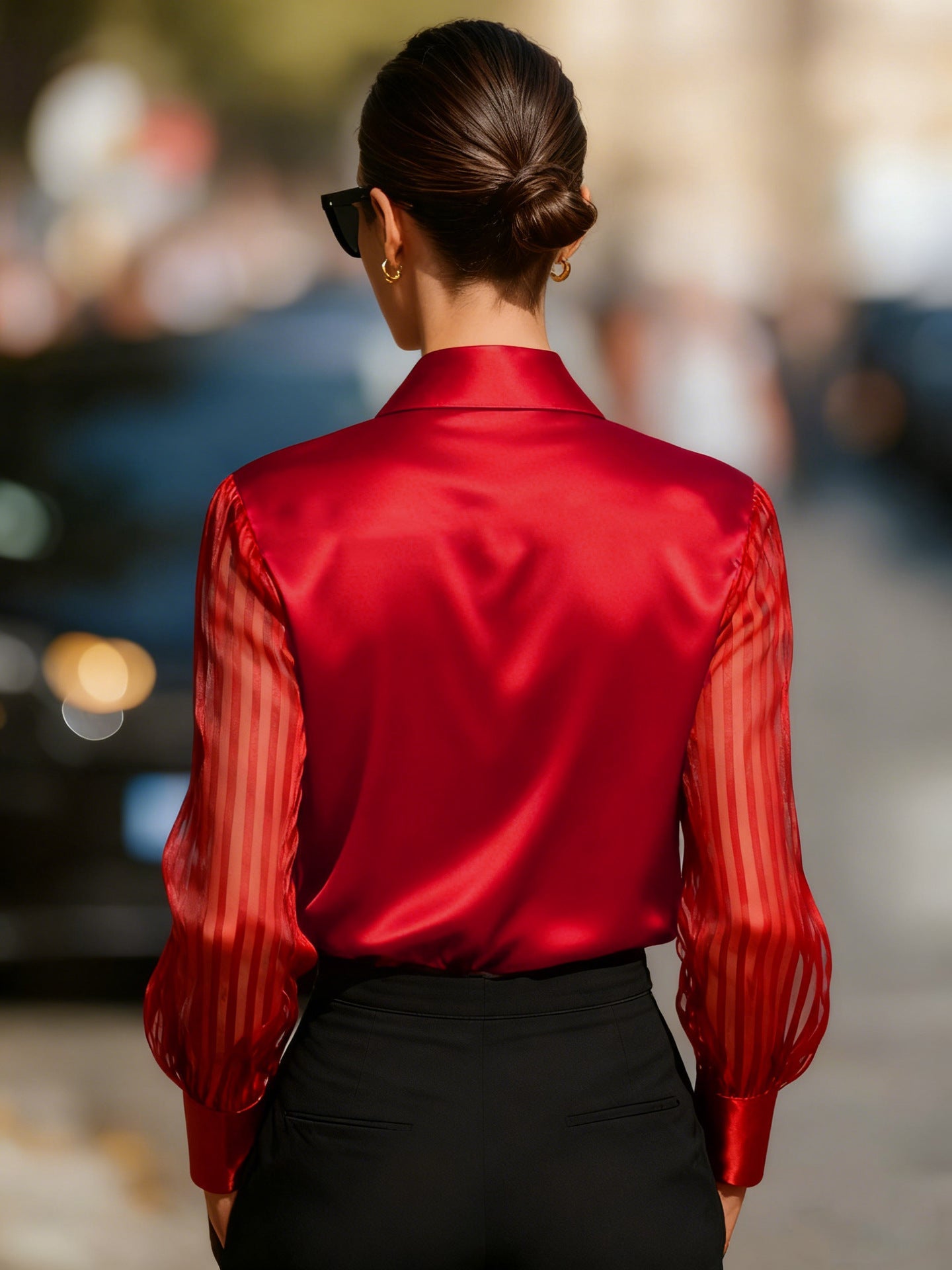 Elegant Satin Blouse for Women with Collared Button Up Sheer Stripe Sleeve Business Casual Style