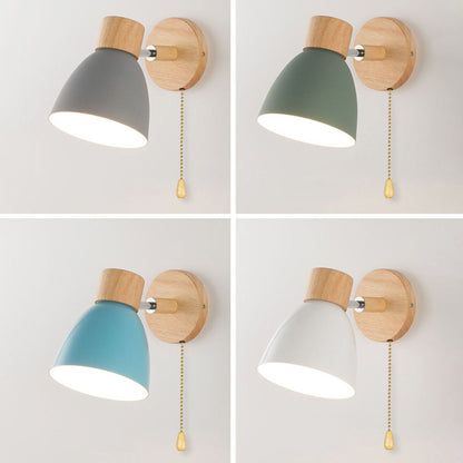 Macaron Wall Lamp Wood Metal Adjustable Shade Pull-Chain Nordic Bedside Sconce Wall Light