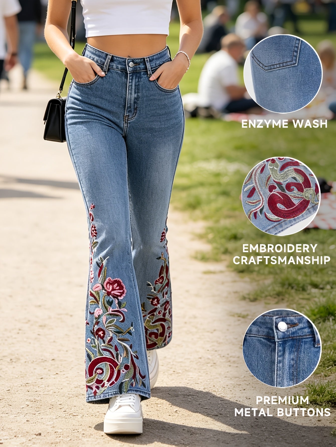 Effortless Light Blue Floral Embroidered High Waisted Jeans for Women with Flare Leg Boho Style