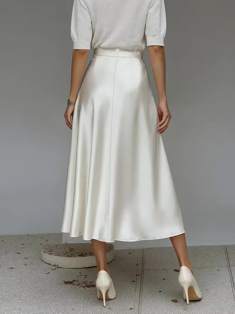Elegant Satin Midi Skirt for Women with High Waist A Line Pocket Flowing Style