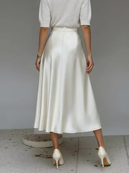 Elegant Satin Midi Skirt for Women with High Waist A Line Pocket Flowing Style