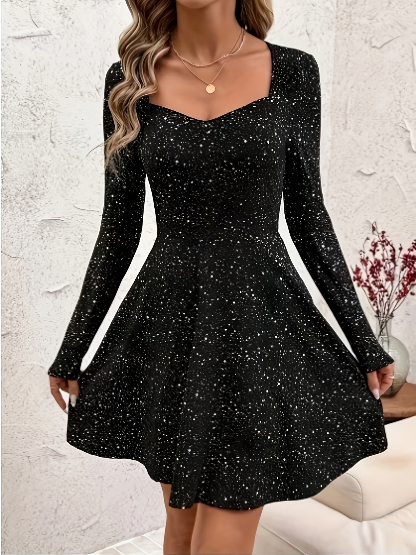 Elegant Black Cocktail Dress for Women with Sweetheart Neck Long Sleeve Fit and Flare Sparkle Style