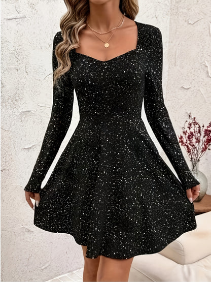 Elegant Black Cocktail Dress for Women with Sweetheart Neck Long Sleeve Fit and Flare Sparkle Style