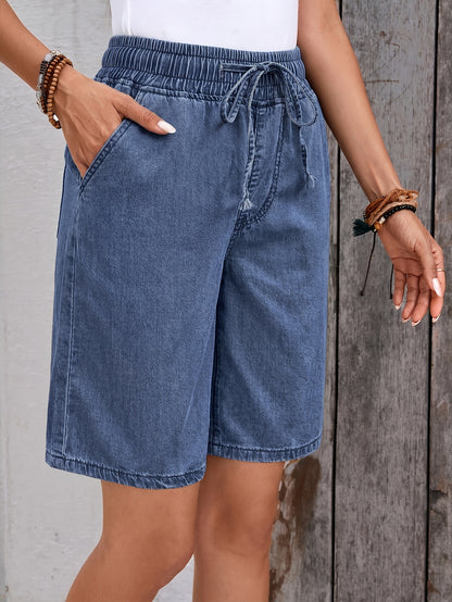 Effortless Blue Jean Shorts for Women with High Waist Drawstring Pocket Bermuda Style
