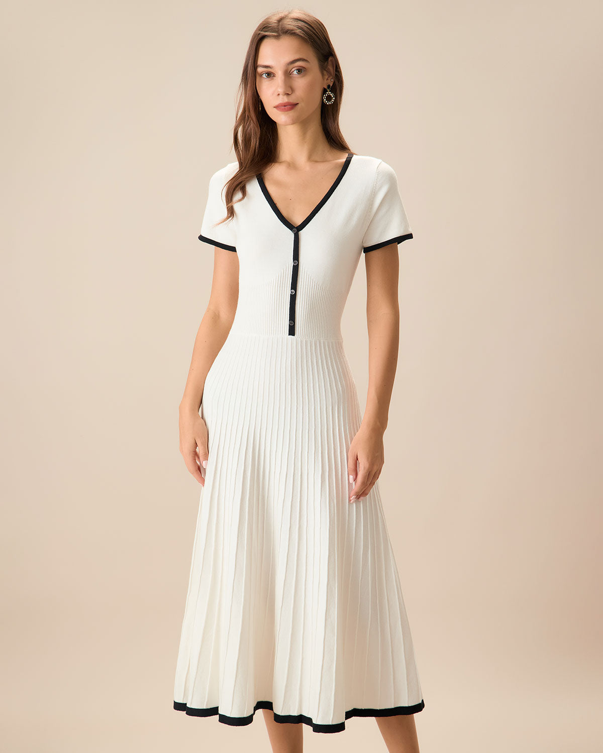 Chic White Sweater Dress for Women with V Neck Short Sleeve Ribbed Knit Pleated Midi Style