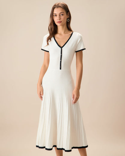 Chic White Sweater Dress for Women with V Neck Short Sleeve Ribbed Knit Pleated Midi Style