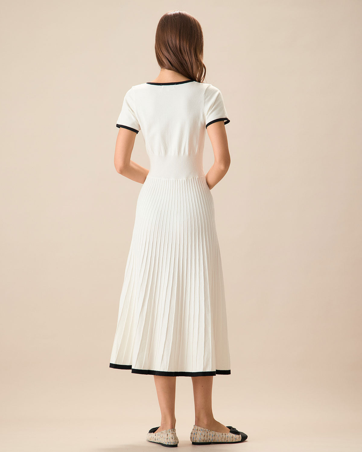 Chic White Sweater Dress for Women with V Neck Short Sleeve Ribbed Knit Pleated Midi Style